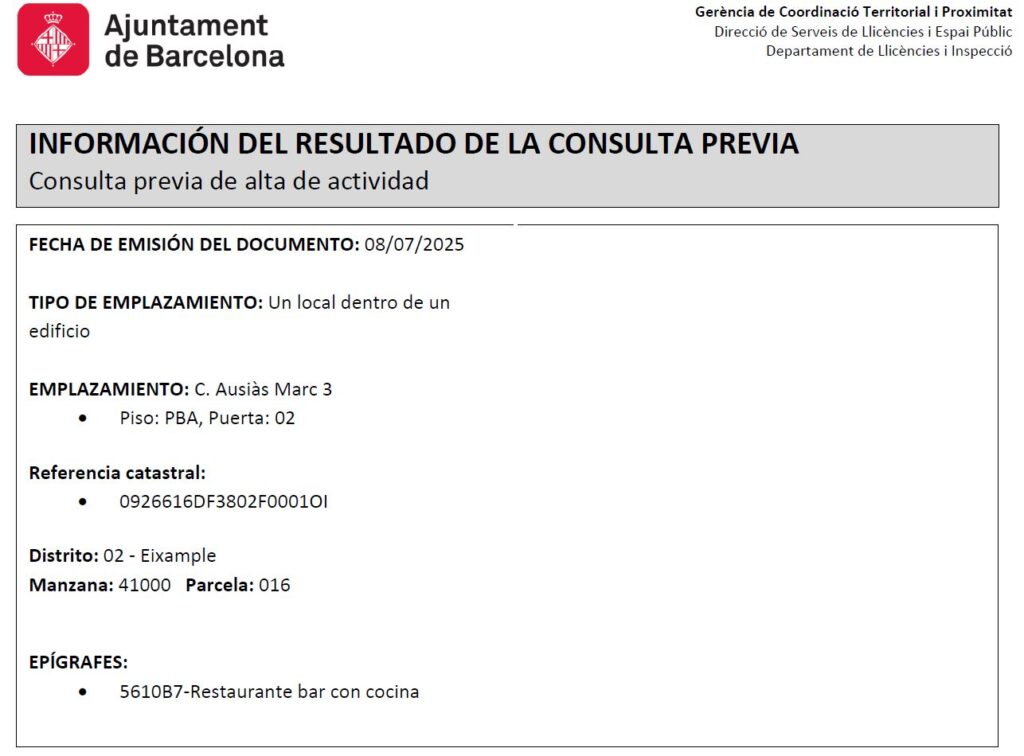 consulta de licencia de actividad en barcelona de un restaurante con cocina